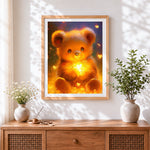 Finished glowing bear with butterflies cross stitch artwork displayed