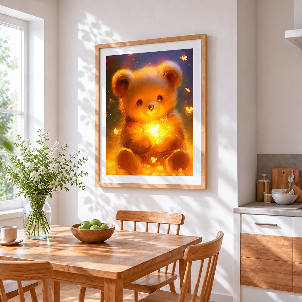 Glowing bear with butterflies cross stitch artwork displayed on wall as home decor
