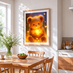 Glowing bear with butterflies cross stitch artwork displayed on wall as home decor