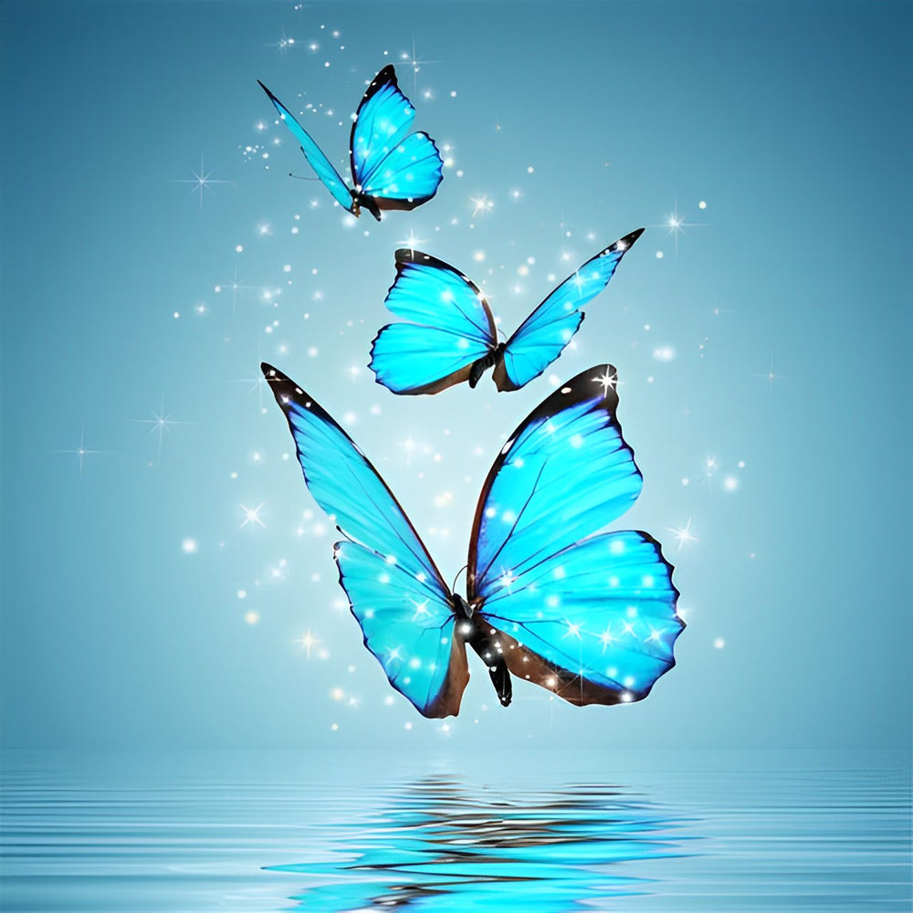 Glowing blue butterflies over water paint by numbers kit for beginners