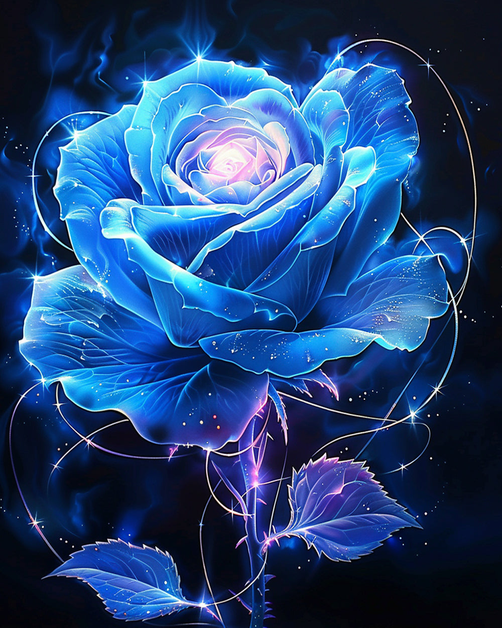 Glowing blue flower with sparkles cross stitch kit for beginners