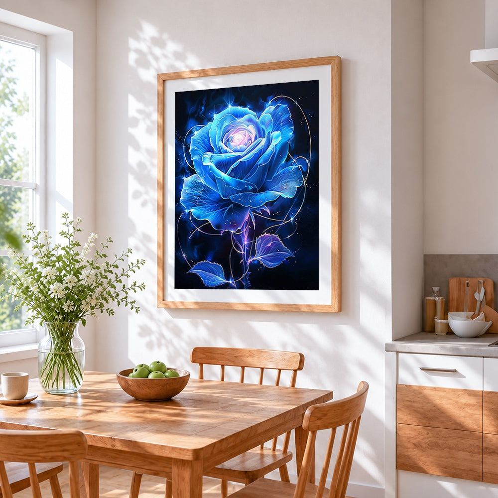 Glowing blue flower with sparkles cross stitch artwork displayed on wall as home decor