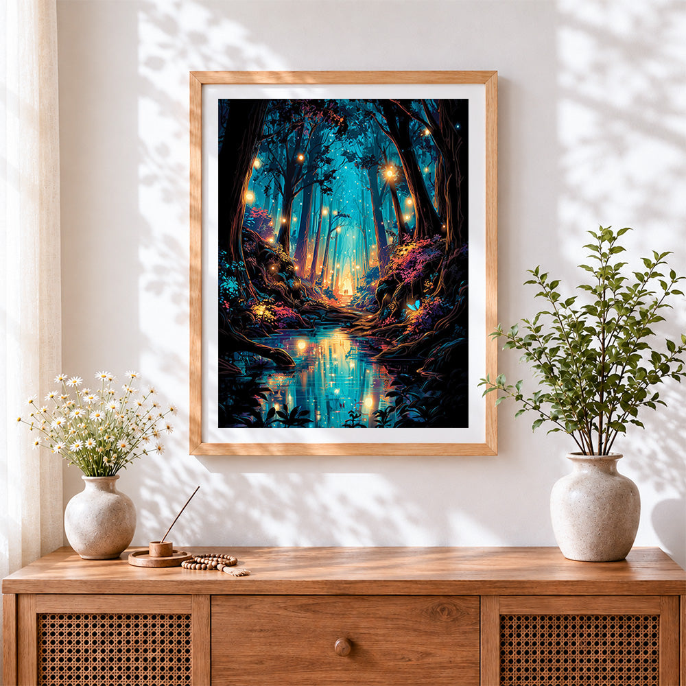 Finished glowing blue forest stream cross stitch artwork displayed