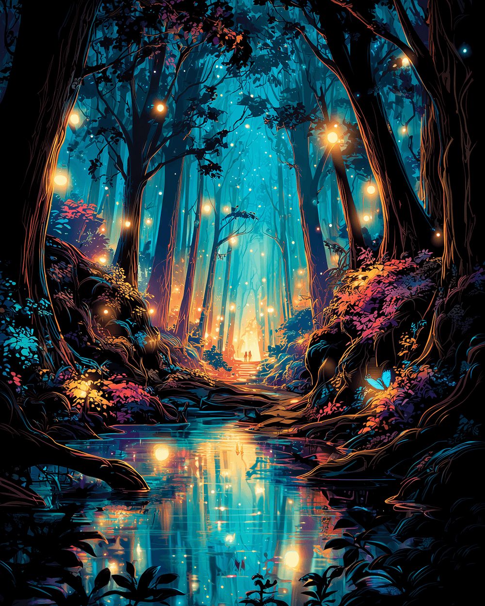Glowing blue forest stream cross stitch kit for beginners