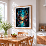Glowing blue forest stream cross stitch artwork displayed on wall as home decor