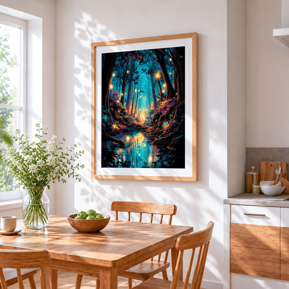 Glowing blue forest stream cross stitch artwork displayed on wall as home decor