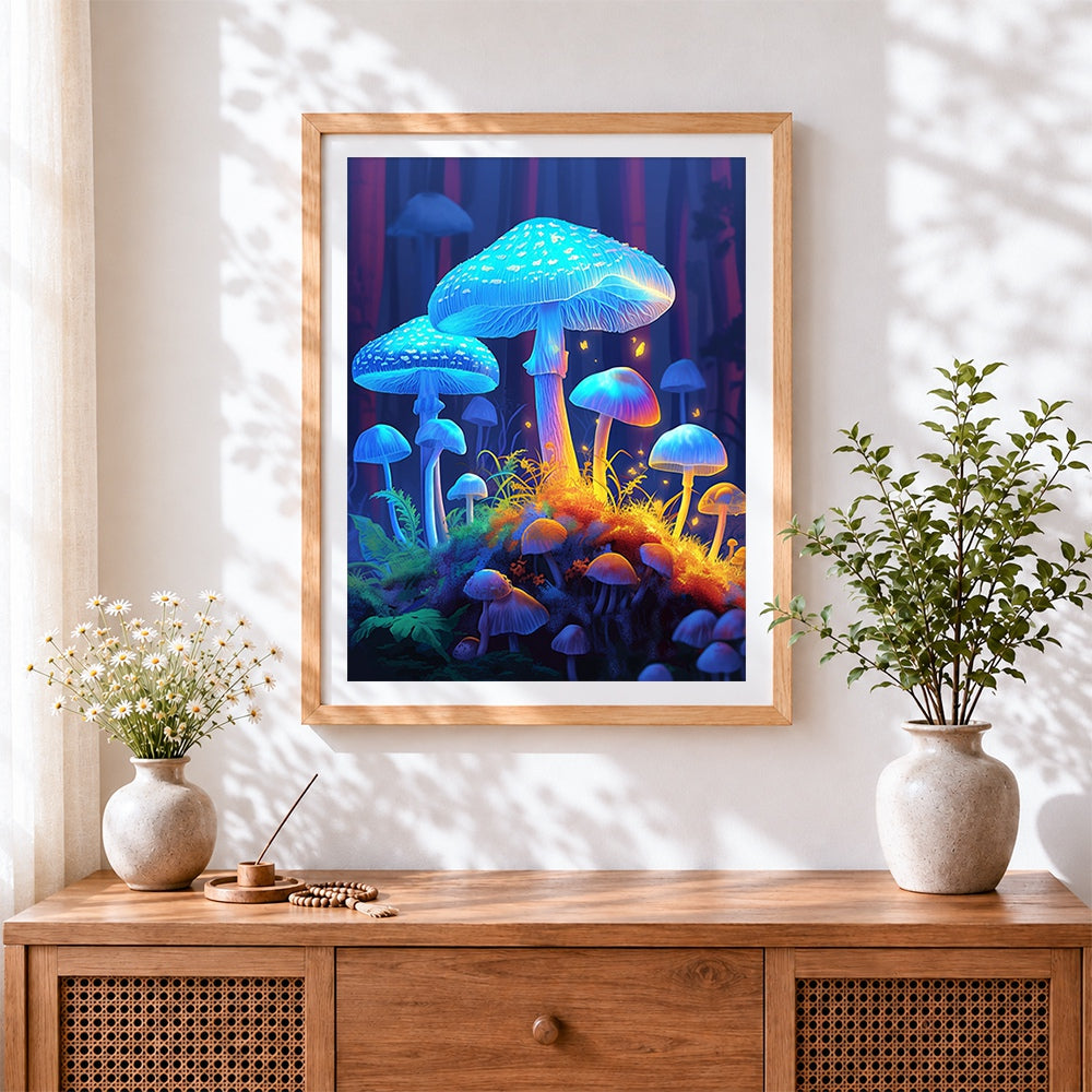 Finished glowing blue mushrooms in a forest cross stitch artwork displayed