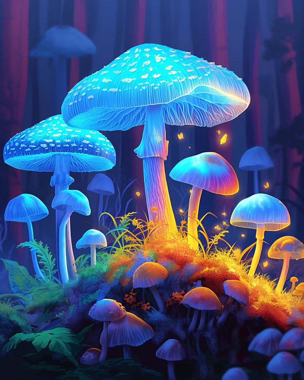 Glowing blue mushrooms in a forest cross stitch kit for beginners