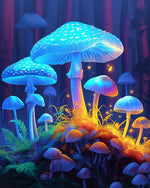 Glowing blue mushrooms in a forest cross stitch kit for beginners