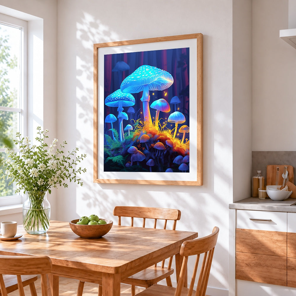 Glowing blue mushrooms in a forest cross stitch artwork displayed on wall as home decor