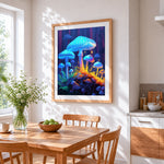 Glowing blue mushrooms in a forest cross stitch artwork displayed on wall as home decor