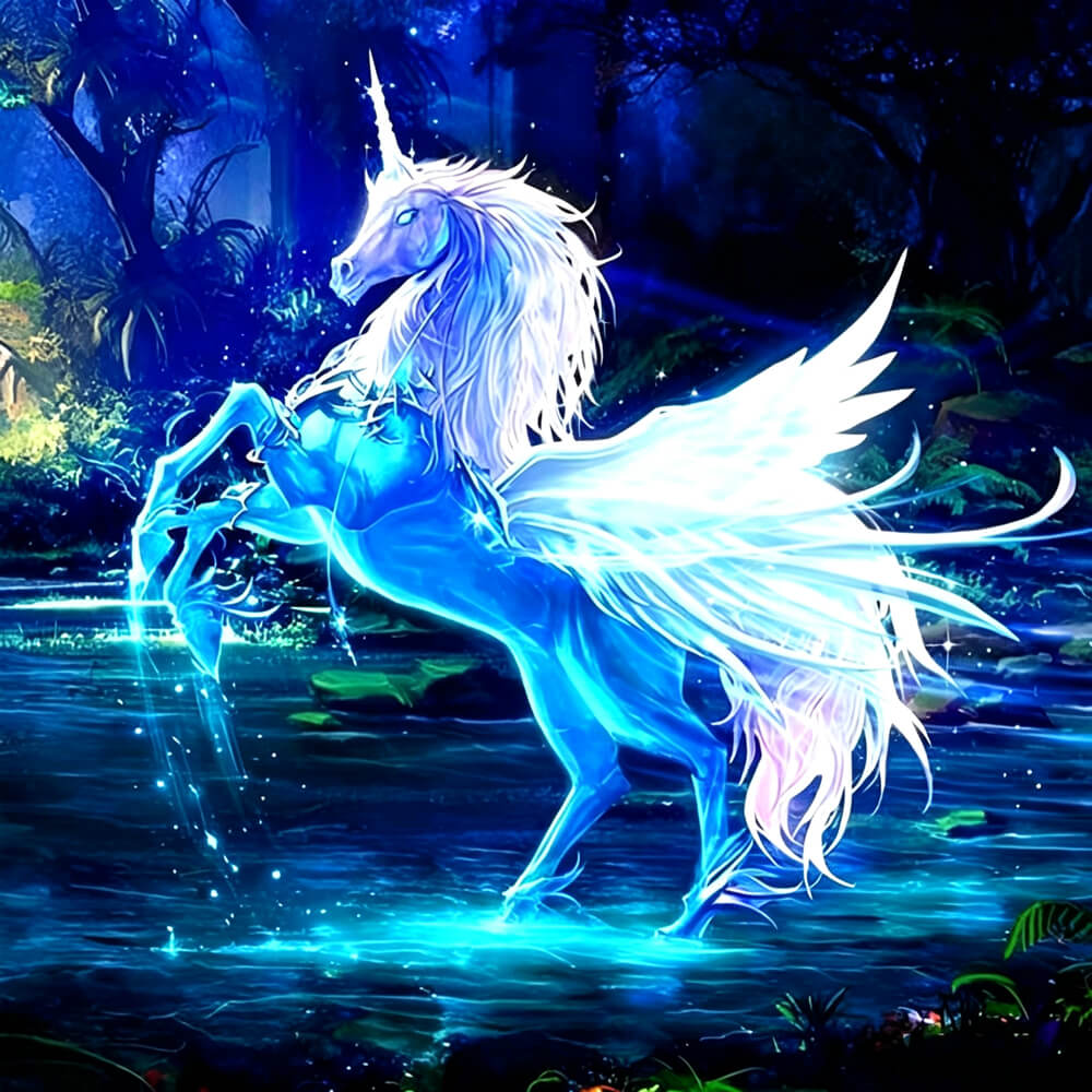 Glowing blue unicorn in a magical forest cross stitch kit for beginners