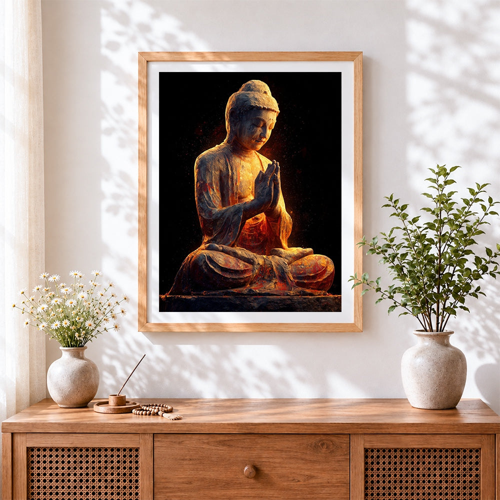 Finished glowing buddha statue cross stitch artwork displayed