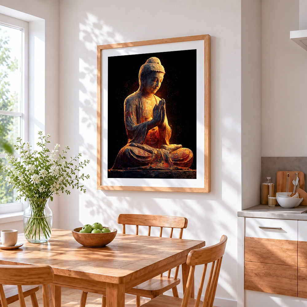 Glowing buddha statue cross stitch artwork displayed on wall as home decor