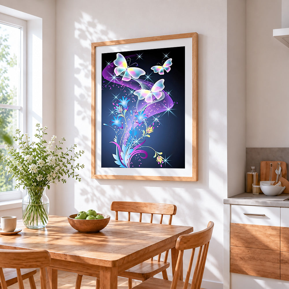 Glowing butterflies and blue flowers cross stitch artwork displayed on wall as home decor