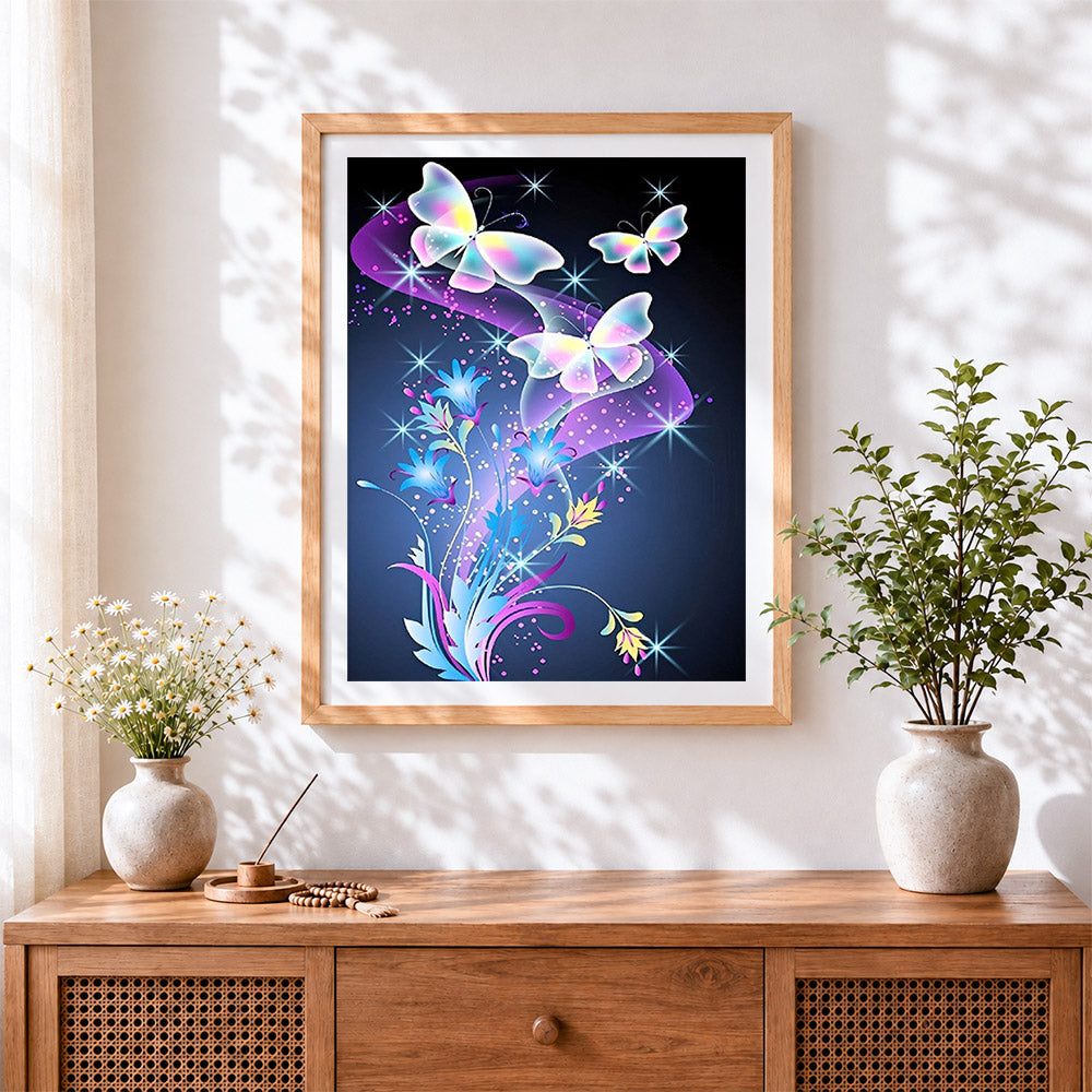 Finished glowing butterflies and blue flowers paint by numbers artwork displayed as home decor