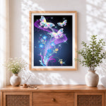 Finished glowing butterflies and blue flowers paint by numbers artwork displayed as home decor