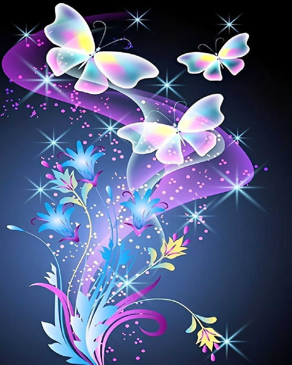 Glowing butterflies and blue flowers paint by numbers kit for beginners