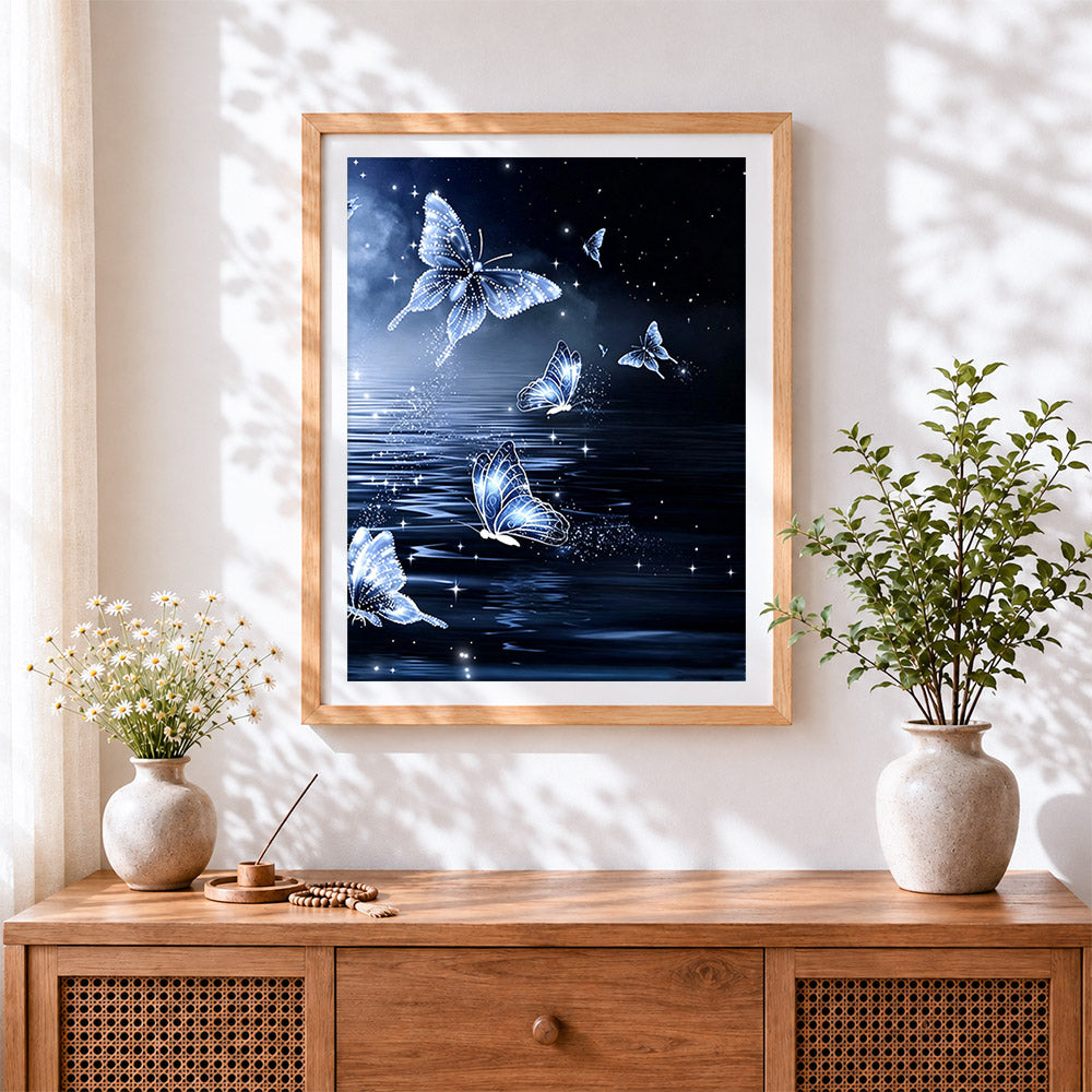 Finished glowing butterflies on the water cross stitch artwork displayed