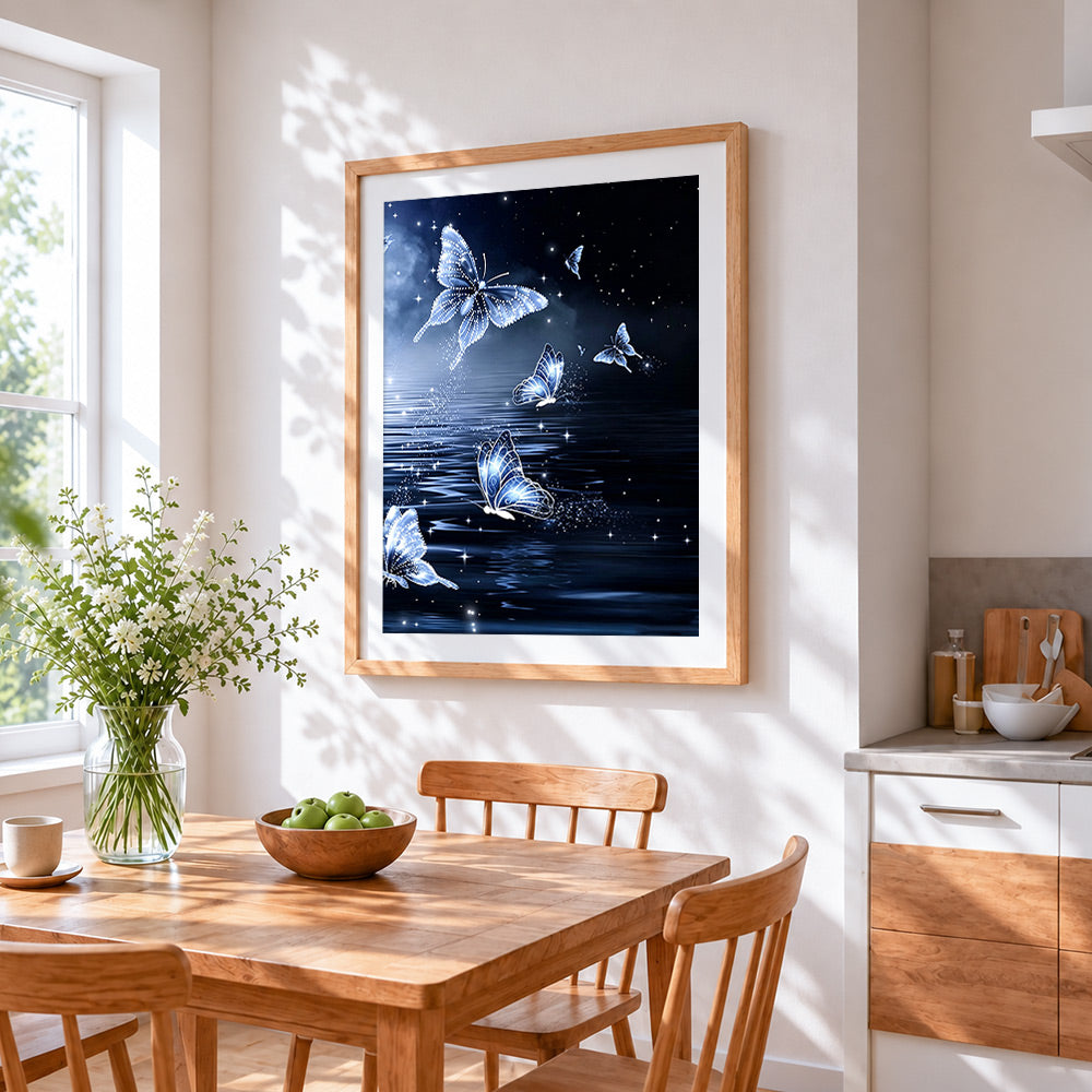 Glowing butterflies on the water cross stitch artwork displayed on wall as home decor