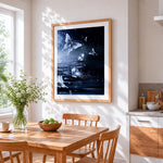 Glowing butterflies on the water cross stitch artwork displayed on wall as home decor