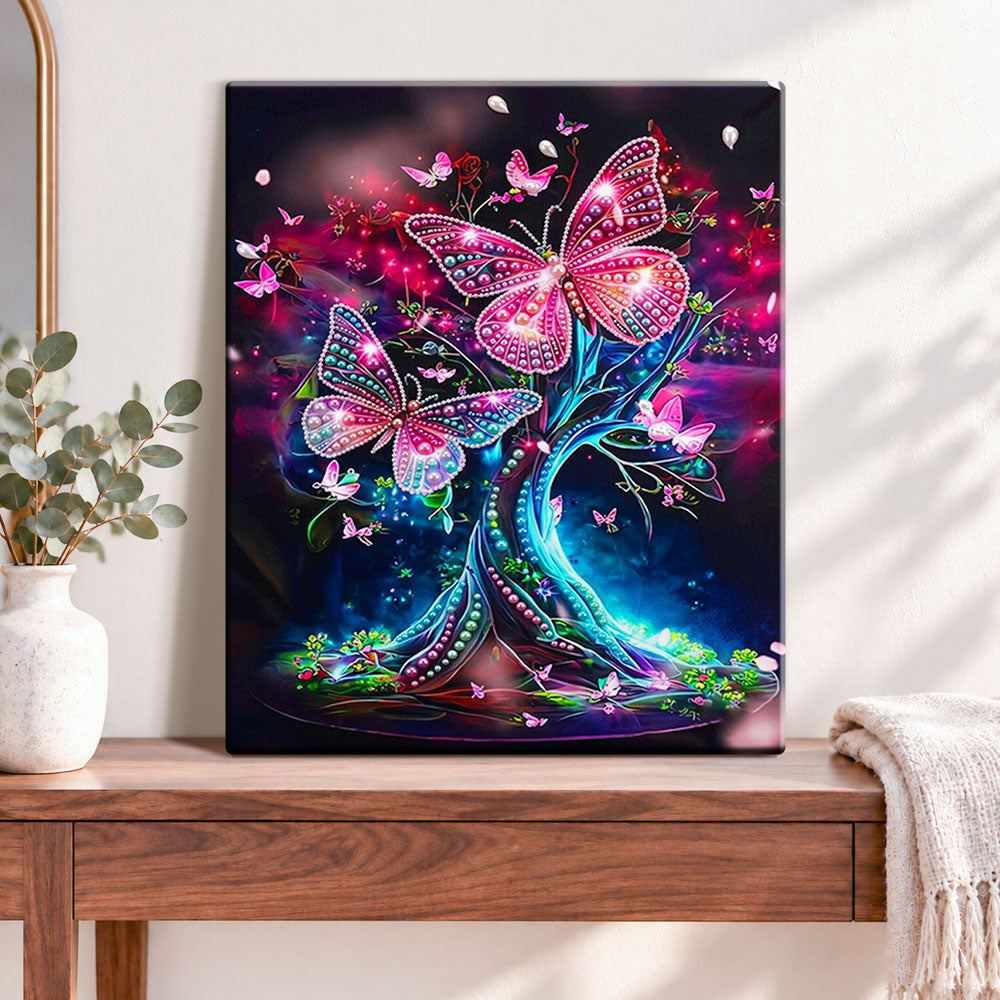 Finished glowing butterfly grove pearl diamond painting artwork displayed as home decor