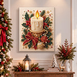 Finished glowing christmas candle pearl diamond painting artwork displayed as holiday home decor
