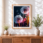 Finished glowing dandelions in the dark cross stitch artwork displayed