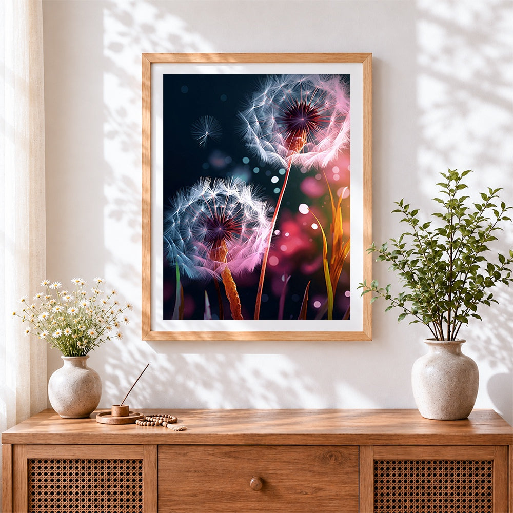 Finished glowing dandelions in the dark cross stitch artwork displayed