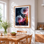 Glowing dandelions in the dark cross stitch artwork displayed on wall as home decor