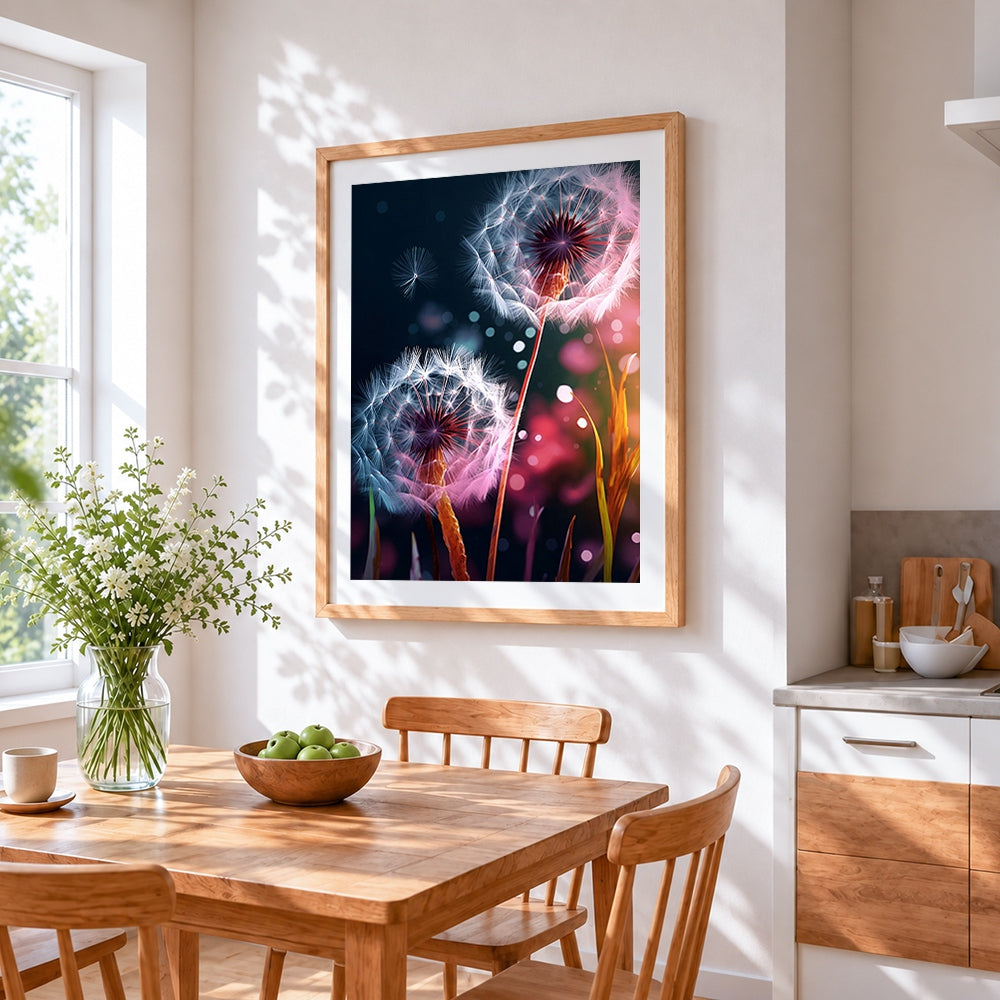 Glowing dandelions in the dark cross stitch artwork displayed on wall as home decor