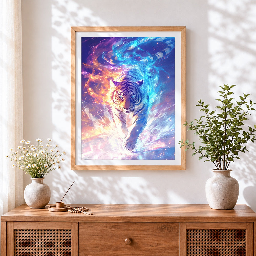 Finished glowing energy tiger cross stitch artwork displayed
