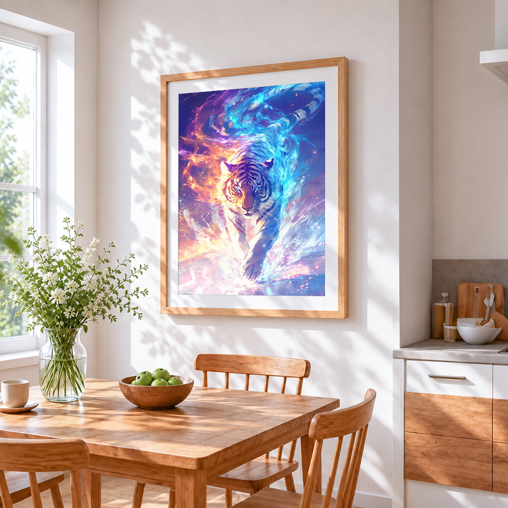 Glowing energy tiger cross stitch artwork displayed on wall as home decor