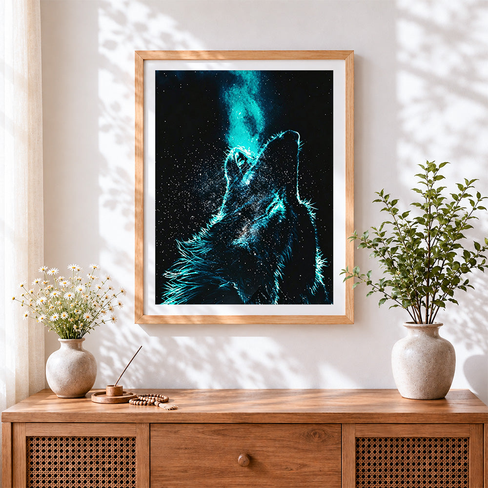 Finished glowing ethereal wolf cross stitch artwork displayed