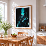 Glowing ethereal wolf paint by numbers artwork displayed on wall as home decor