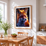 Glowing fantasy fox cross stitch artwork displayed on wall as home decor