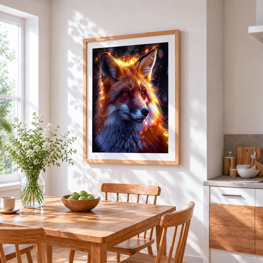 Glowing fantasy fox cross stitch artwork displayed on wall as home decor