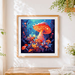 Finished glowing fantasy mushroom forest cross stitch artwork displayed