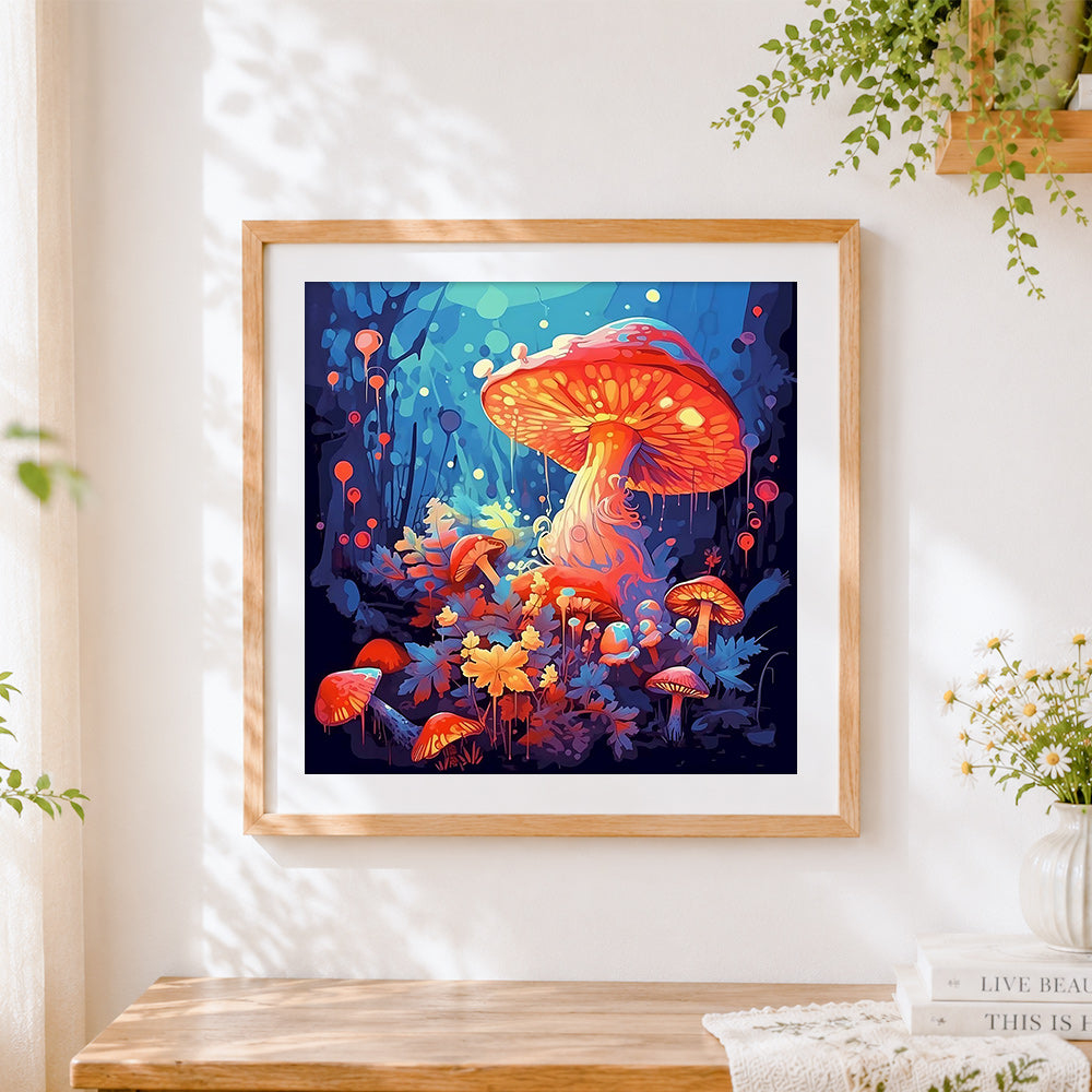 Finished glowing fantasy mushroom forest cross stitch artwork displayed
