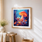 Glowing fantasy mushroom forest cross stitch artwork displayed on wall as home decor