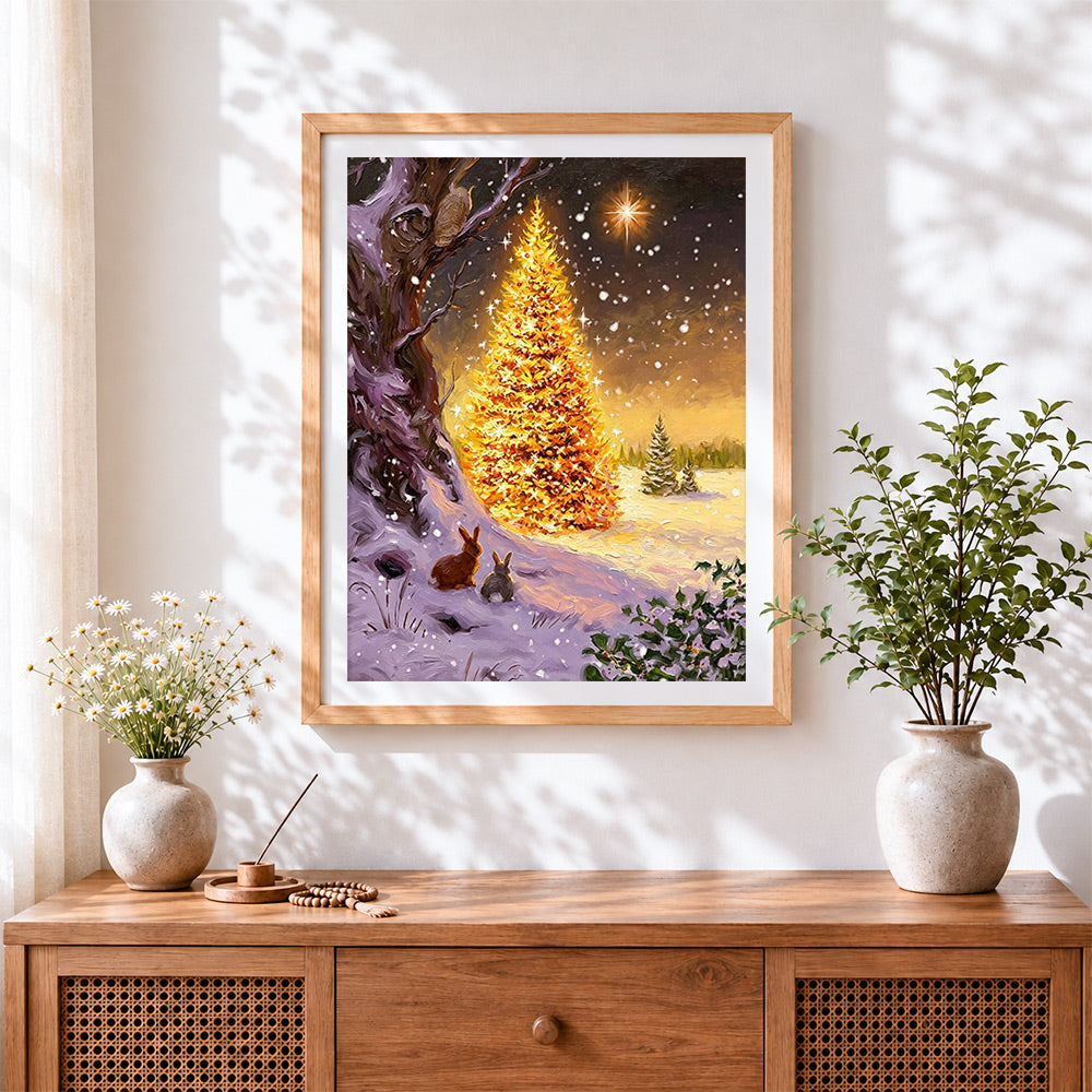 Finished glowing forest christmas tree and bunnies cross stitch artwork displayed