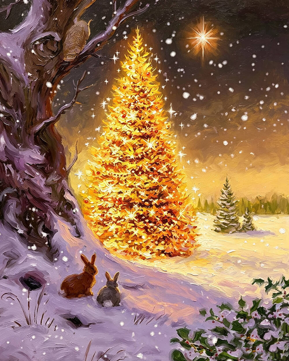 Glowing forest christmas tree and bunnies cross stitch kit for beginners