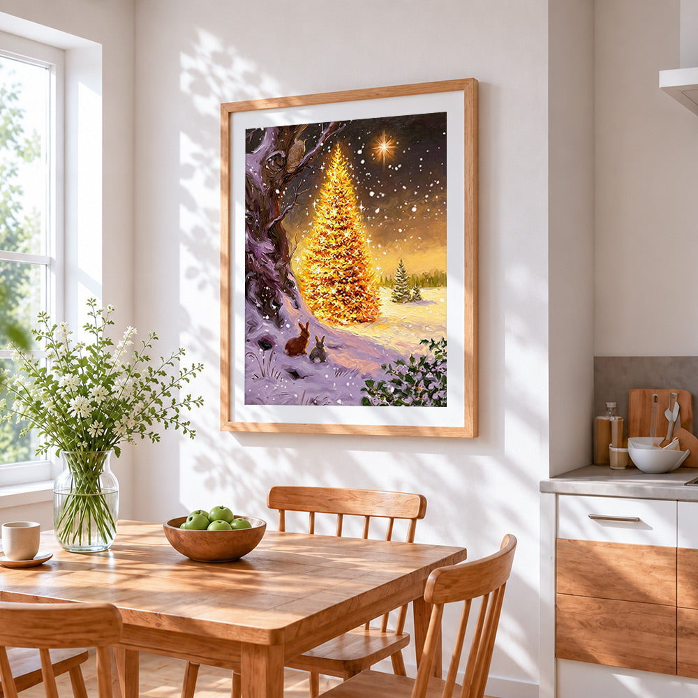 Glowing forest christmas tree and bunnies cross stitch artwork displayed on wall as home decor