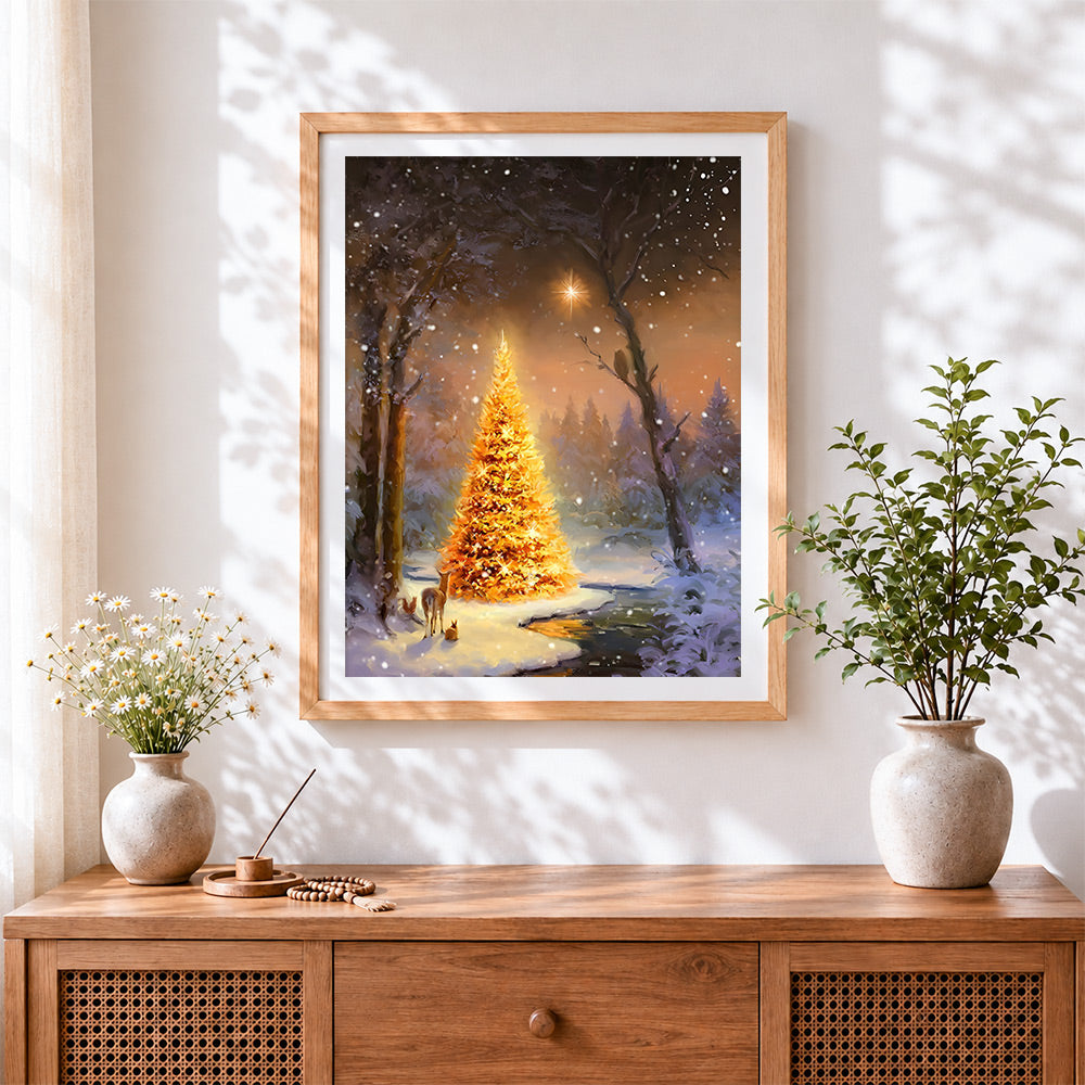 Finished glowing forest christmas tree cross stitch artwork displayed