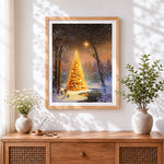 Finished glowing forest christmas tree cross stitch artwork displayed