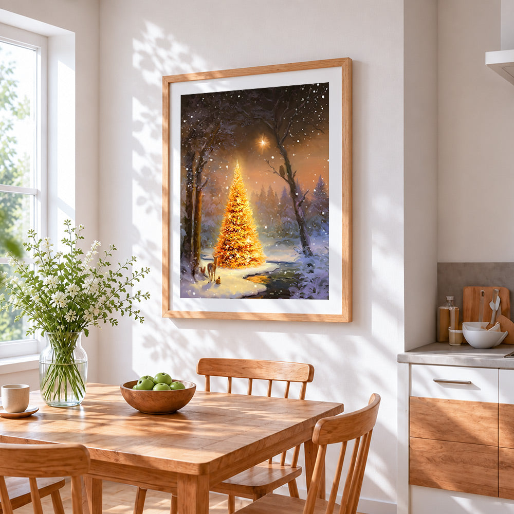 Glowing forest christmas tree cross stitch artwork displayed on wall as home decor