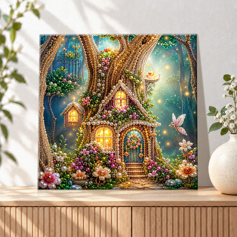 Finished glowing forest fairy tree home pearl diamond painting artwork displayed as holiday home decor