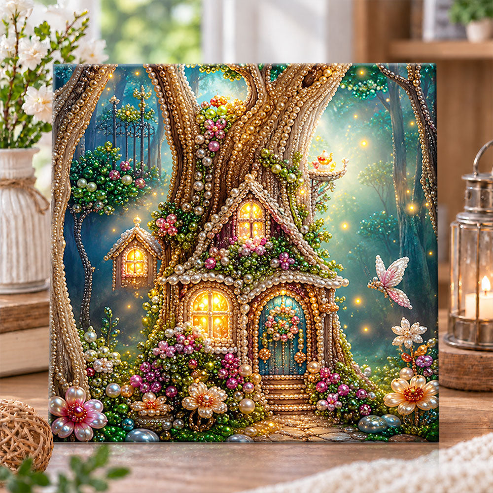 Glowing forest fairy tree home pearl diamond painting kit for beginners