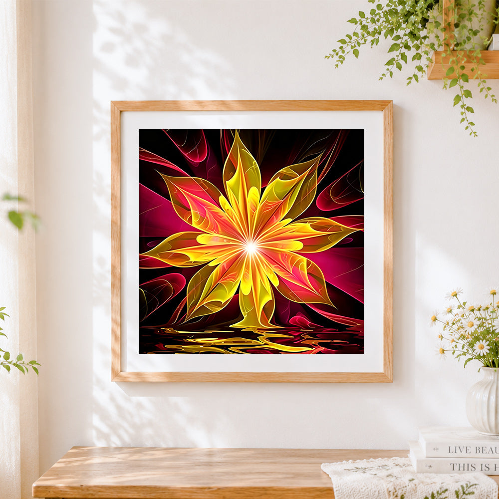 Finished glowing golden flower cross stitch artwork displayed