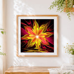 Finished glowing golden flower cross stitch artwork displayed